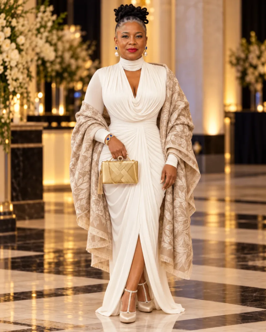 Dr. Darlene Williams-Prades in a white gown and embroidered shawl in a marble lobby